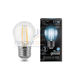 Лампа Gauss Filament Шар 11W 750lm 4100К Е27 LED 1/10/50